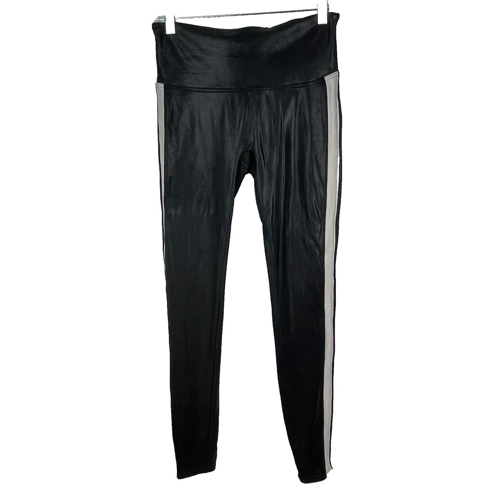 Spanx Black‎ Faux Leather w/White Side Stripe Leggings Large $110